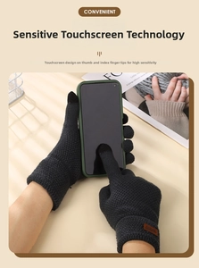 Close-up of touchscreen-compatible thumb and index finger on gray knit gloves