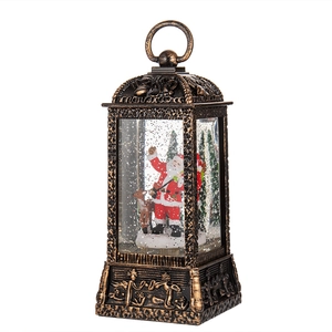 Vintage Christmas lantern snow globe with Santa and reindeer on white background