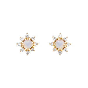 Elegant 18K gold floral stud earrings with round opal center and white zircon halo