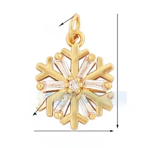 Detailed view of gold snowflake pendant with dimensions 21mm by 15mm with zircons