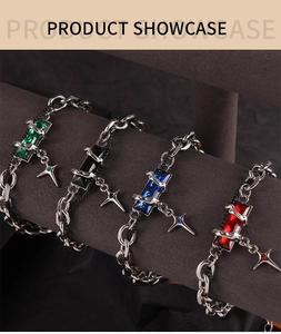 Close-up of titanium steel bracelets with colorful rectangle stones and cross pendants