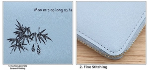 Detail of light blue lychee leather pouch with bamboo print and fine stitching