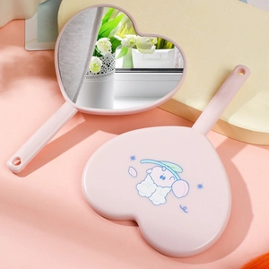 Pink heart-shaped handheld mirror with cute cartoon sheep pattern and hanging hole