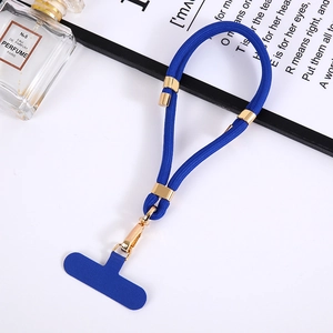 Blue braided nylon phone wrist strap with gold metal clasp and T-shaped connector
