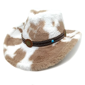 Western style cow print felt cowboy hat with leather band and metal floral emblem