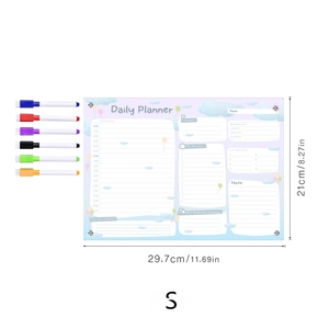 Detail showing acrylic daily planner set with six colorful markers and dimensions