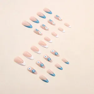Blue and white floral almond press-on nails set with elegant French tips design