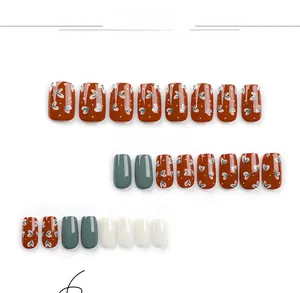 Detail of reddish-brown press-on nails with white petal patterns and solid green-white colors