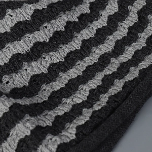 Macro shot of thick knit striped texture in black and grey for trendy slouchy beanie hat