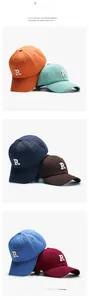 Multiple views of breathable cotton baseball caps with towel embroidered R logo in 6 colors