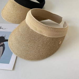 Women Wide Brim Paper Straw Visor Hat Empty Top Sun Protection Adjustable Summer Beach Breathable With Metal Decor