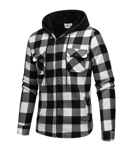 Detail of hooded plaid shirt jacket with dual chest pockets and brushed texture fabric