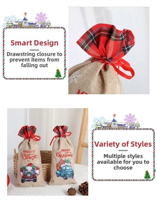Linen Christmas gift bag with plaid trim featuring a blue truck and Santa Claus design