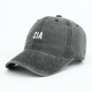 Washed dark grey baseball cap with CIA embroidery in a 45-degree side view