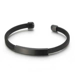 Minimalist black stainless steel mesh C-shaped open bangle with matte rectangle plate