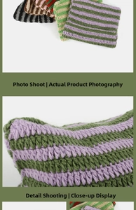 Close-up of handmade striped crochet beanie showing textured knit and colorful patterns