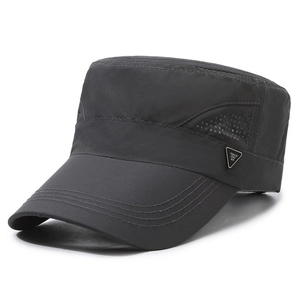 Men's dark grey quick-dry flat top sun hat with side mesh vents and triangle logo