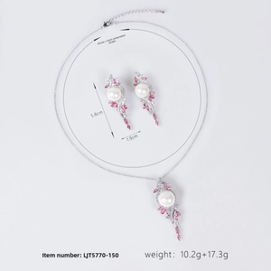Detailed size specifications for pearl and pink zircon necklace and drop earrings set