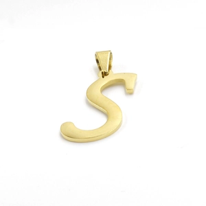 Close-up of golden letter S pendant made of vacuum-plated stainless steel with bail