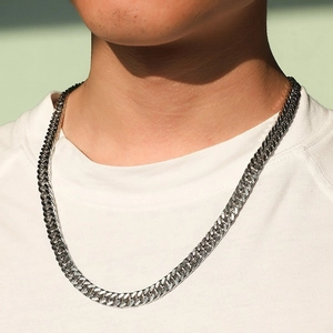 Mens silver cuban link chain necklace in stainless steel shown on a male model neck
