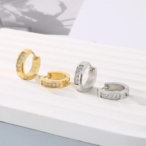 Fashionable round cubic zirconia hoop earrings in gold and silver stainless steel finish