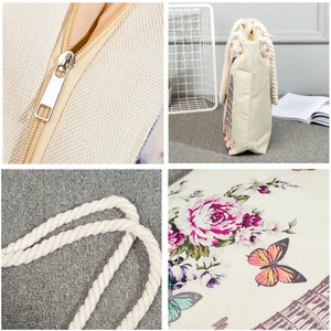 Floral canvas tote bag with rope handles and Eiffel Tower print shown in multiple views