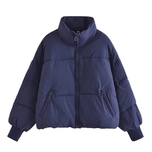 Detail of navy blue winter jacket featuring stand collar and zipper side pockets