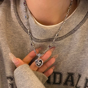 Vintage Silver Alloy Heart Cross Pendant Necklace With Colorful Rhinestones And Beads Gothic Y2K Punk Clavicle Chain For Women