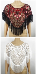 Détails de châles de soirée en maille à paillettes avec franges en rouge-noir et blanc