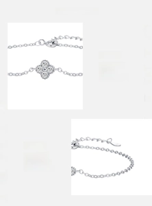 Macro detail of S925 sterling silver four-leaf clover bracelet with zircon inlay