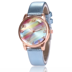 Fashionable women's rose gold watch with light blue leather strap and colorful dial