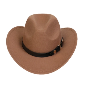 Detailed close-up of brown western cowboy hat with black leather band and gold buckle