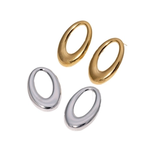 Polished gold and silver stainless steel oval hoop earrings on a clean white background