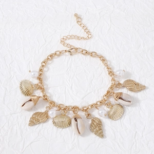 Bohemian gold shell bracelet with baroque faux pearls and starfish sea charms