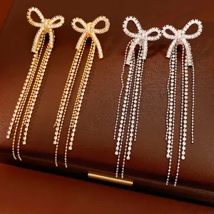 Bowknot Long Tassel Drop Earrings Copper Zircon 18K Gold Plated Silver Earring Post Elegant Luxurious Party Jewelry For Women