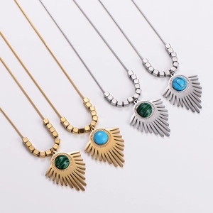 Sunburst Pendant Necklace 316L Stainless Steel Retro Geometric Boho Faux Turquoise Malachite Snake Chain Vintage Jewelry