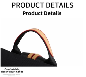 Detail of reinforced microfiber leather handle on black oxford backpack with red edge painting