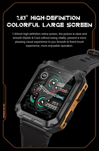 Detail of 1.83-inch HD colorful screen on rugged black and gold smart sports watch