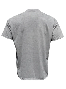 Back view of a casual grey crew neck short sleeve T-shirt with soft cotton blend texture