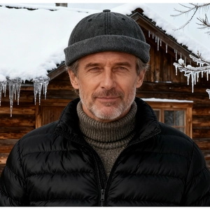 Close-up of deep gray knit miki hat on a male model in a snowy outdoor winter setting