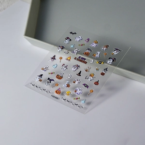 5D Halloween nail art stickers with ghosts, pumpkins and bats on white background