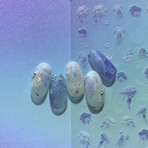 Jellyfish themed 5D nail art stickers with glitter in blue and purple shades