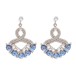 Vintage bohemian drop earrings with blue glass crystals and rhinestones in silver finish