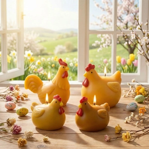 Set of 4 yellow rooster and hen candles on a wooden windowsill with a spring field backdrop