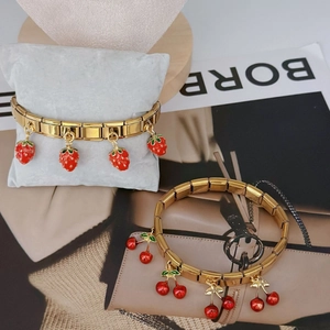 Italian Charm Bracelet Stainless Steel Gold Plated Strawberry Cherry Fruit Enamel Charms Modular Link Stretchable For Women