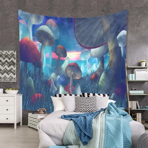 Detail of psychedelic forest tapestry with glowing mushrooms hanging above a bed