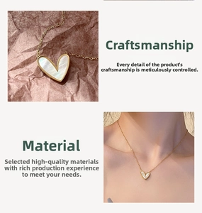 Macro detail and on-model view of a gold heart necklace with mother-of-pearl inlay