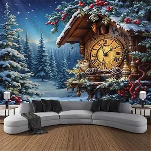 Detail of Christmas tapestry featuring a cuckoo clock and snowy forest above a grey sofa
