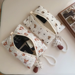Quilted fabric cosmetic bags with cute bear pattern, floral prints and pearl handle