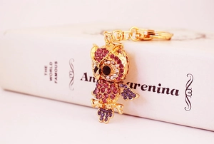 Macro shot of gold owl keychain featuring pink and purple rhinestones on a book